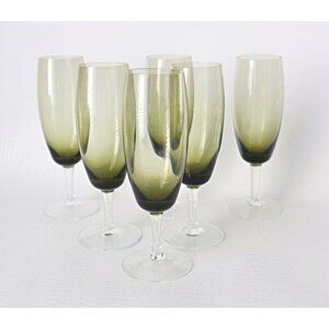 6 Vintage MCM Wine Glasses Olive Green Clear Stem Mid Century Modern Barware